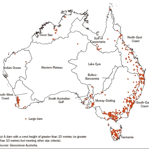 Map showing the Location of Dams in Australia