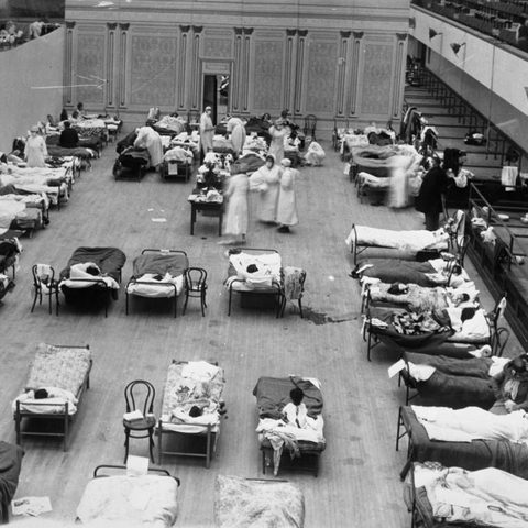 The Oakland Municipal Auditorium in use as a temporary hospital during the 1918 flu epidemic. Here, volunteer nurses from the American Red Cross are tending the sick