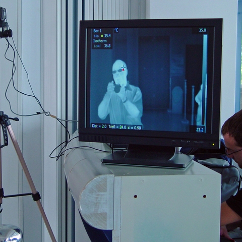 A Thermographic Camera and screen used at the airport at Ioannina, Greece to screen out travelers with elevated temperatures, a sign of influenza infection. September 11, 2009