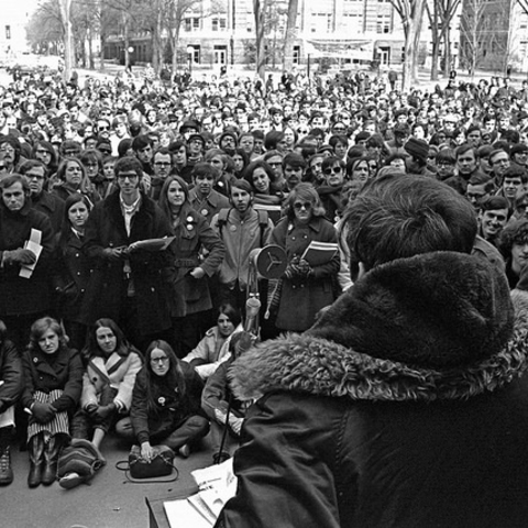 Students at the University of Michigan listen to a speaker at the first Earth Day in 1970.