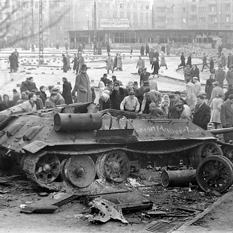 A destroyed Soviet tank in Budapest.