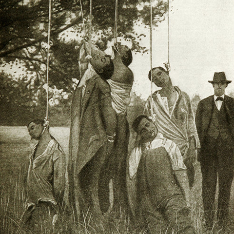 The bodies of six lynched African Americans in Lee County, GA in 1916.