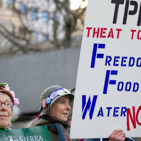 A 2014 protest in Seattle, Washington against the TPP.