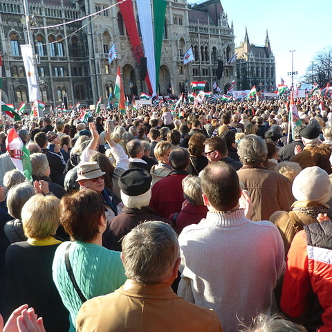 Viktor Orbán addressing crowds of supporters.