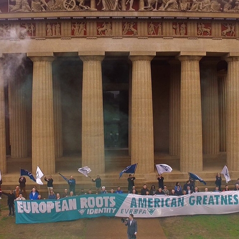 A 2018 Identity Evropa demonstration in front of a recreation of the Parthenon.
