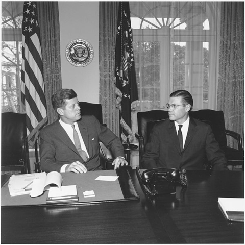 President Kennedy and Secretary of Defense Robert McNamara meeting.