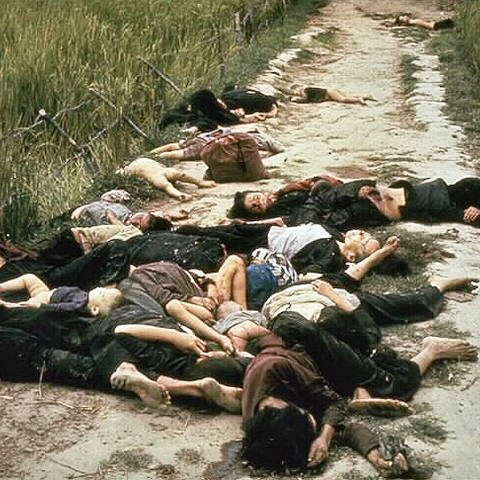 A photograph of the aftermath of the 1968 mass murder of unarmed South Vietnamese civilians.