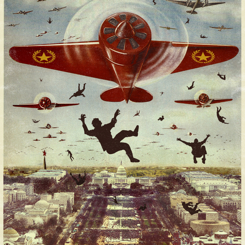 An altered image of a 1939 Soviet propaganda poster.