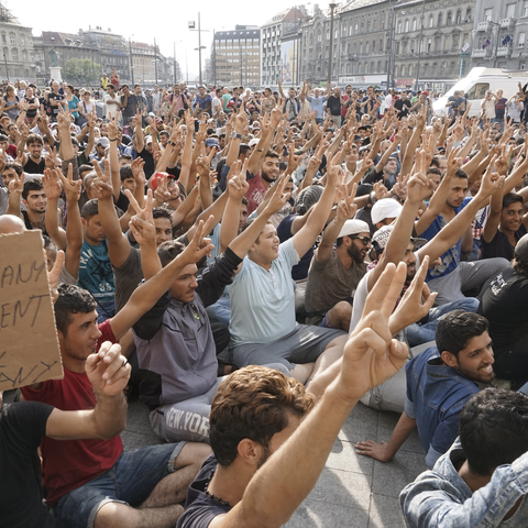 Syrian refugees striking in Budapest in 2015.