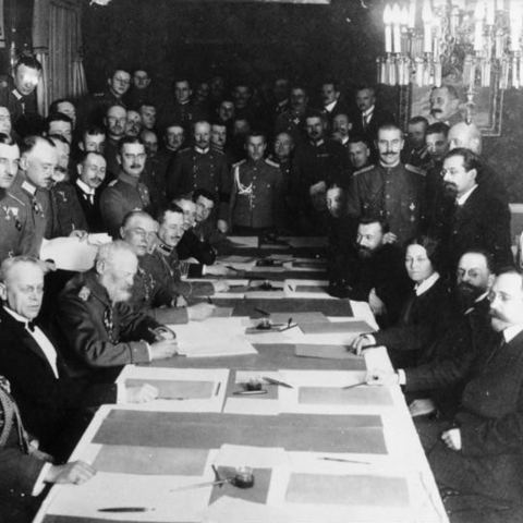The signing of the Russian-German armistice in late 1917.