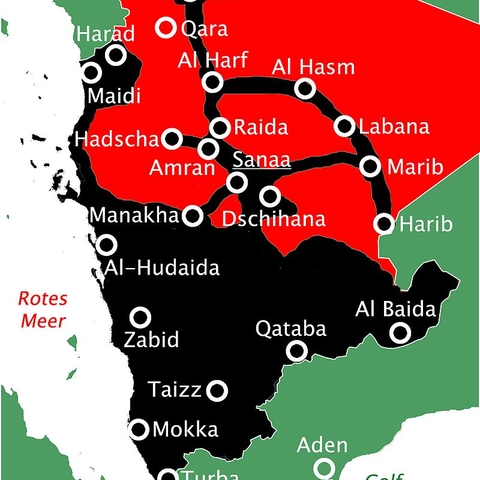 A map of the conflict in North Yemen between Republicans (black) and Zaydi Royalists (red) in 1967.