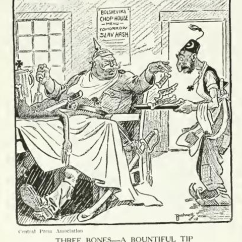 A 1918 cartoon depicting Germany dismembering Russia and passing on several territories to Turkey after the Treaty of Brest-Litovsky.