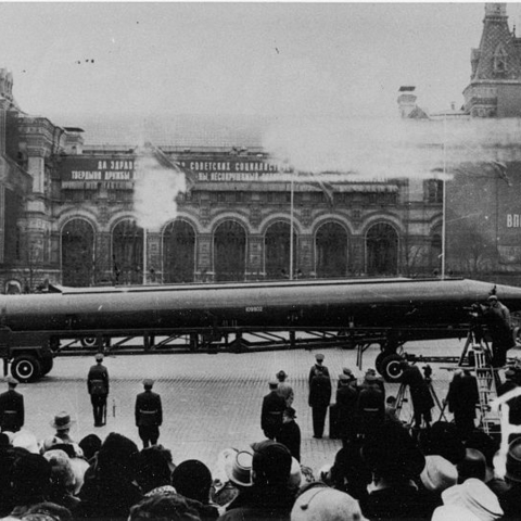 A CIA photo of a Soviet medium-range ballistic missile in Red Square, Moscow.