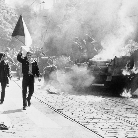 Protesters in Prague during the Soviet invasion of Czechoslovakia.
