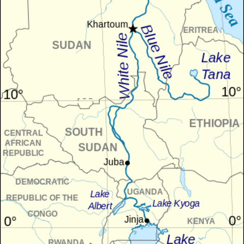Map showing the confluence of the Blue Nile and the White Nile.