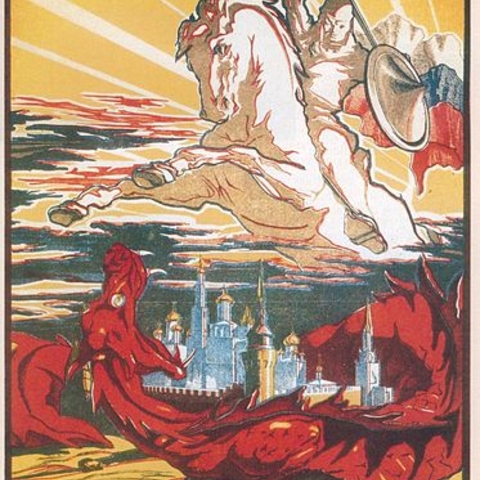 A 1919 Russian White Forces poster depicting the Bolsheviks as a red dragon being defeated by a crusading knight representing the Whites.