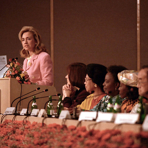 First Lady Hillary Rodham Clinton giving a speech in 1995.
