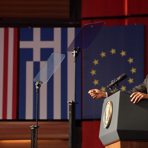 U.S. President Barack Obama speaking in Athens, Greece.