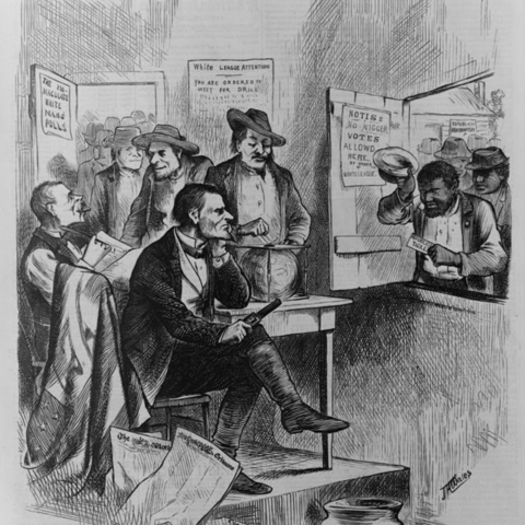 An 1874 depiction of discrimination against would-be black voters by the 'White League.'