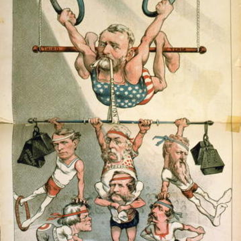An 1880 cartoon showing Ulysses S. Grant on a trapeze holding onto a 'third term,' 'whiskey ring,' and a 'Navy ring' with 'corruption' in his mouth.