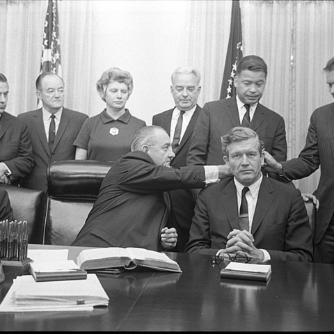 President Lyndon Johnson with members of the Kerner Commission in 1967.