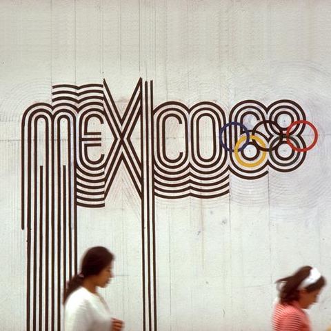 An hand painted version of the logo for the 1968 Summer Olympics.