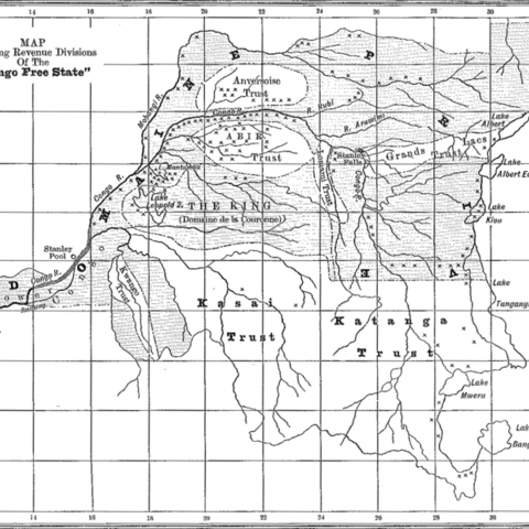 A 1906 map showing revenue divisions in the Congo Free State with crosses marking the locations of documented atrocities.