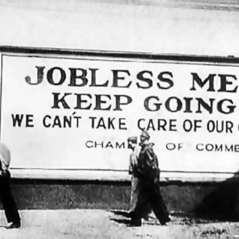 A billboard sponsored by a local Chamber of Commerce during the Great Depression.