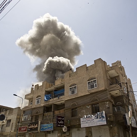 Aerial bombing of Sana’a, Yemen in 2016.