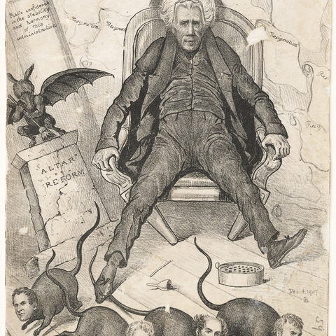 An 1831 cartoon depicting resignations from President Jackson’s cabinet after the Peggy Eaton scandal.