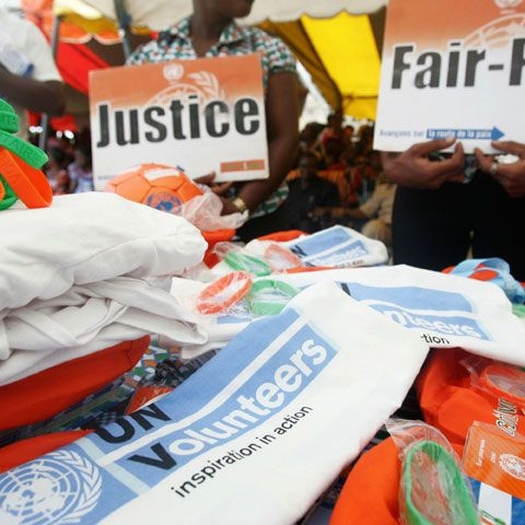 A close-up of stands with United Nations promotional items in Brobo, Côte d'Ivoire, during "UNOCI Days", a three-day sensitization and information campaign for a peaceful electoral environment held in June 2010. Such efforts are typical of second-generation peacekeeping.
