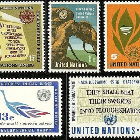 These postage stamps issued by the United Nations reflect its long-term commitment to peacekeeping.