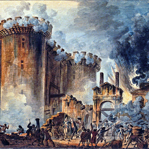 Prise de la Bastille, by Jean-Pierre-Louis-Laurent Houel, depicts the storming of the Bastille on July 14, 1789, a key event in the French Revolution.