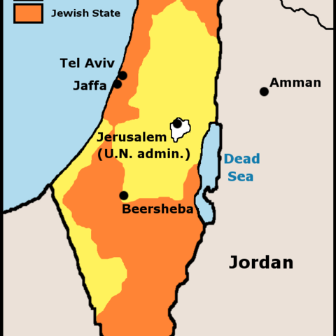 Map showing a U.N.-proposed partition plan for Israel and Palestine, 1947