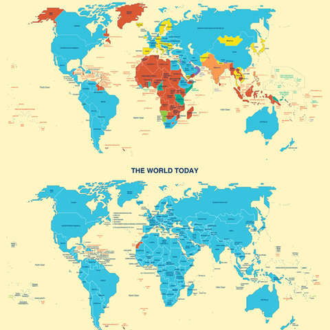 United Nations members are shown in blue in this comparison of the world at the founding of the United Nations, top, and in 2010, bottom.