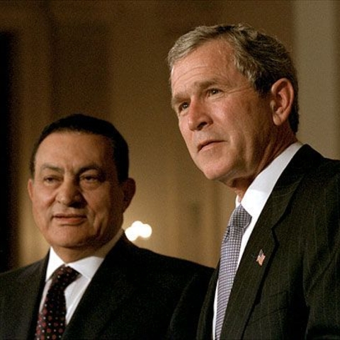 U.S. President George W. Bush and Egyptian President Mohammed Hosni Mubarak at the White House in 2002. 'President Mubarak has a long history of advancing peace and stability in the Middle East,' Bush said.