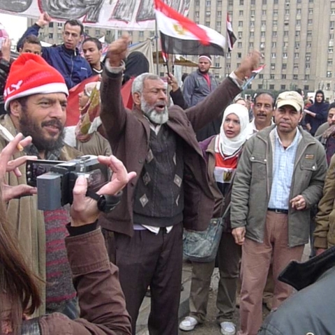 A February 2011 protest in Cairo's Tahrir Square against the regime of Egyptian President Hosni Mubarak
