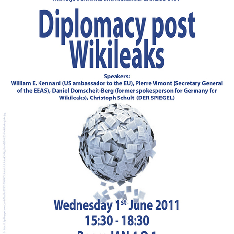 An advertisement for a panel in Brussels on diplomacy after the WikiLeaks controversy in June 2011