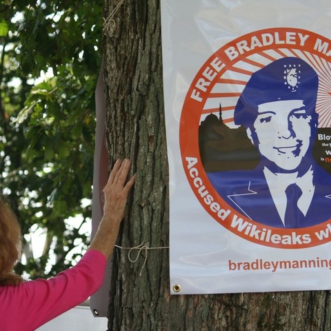 A sign supporting Bradley Manning in Quantico Virginia, where he was earlier held in solitary confinement, in August 2010