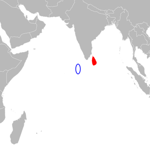A map showing the location of the Maldives (encircled in blue) and Sri Lanka (in red)