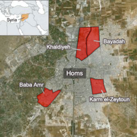 Map of the neighborhoods under siege in Homs during the Syrian Uprising