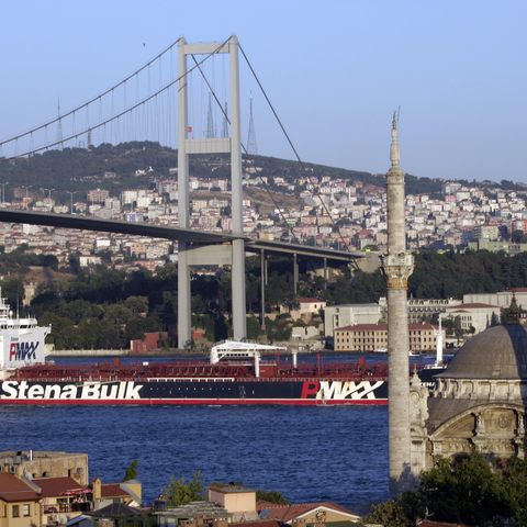 A ship moves along the Bosporus through Istanbul, part of the only sea route from the Black Sea to the Mediterranean.