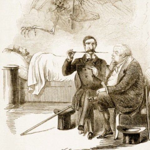 An 1853 cartoon shows European statesmen discussing the future of the Ottoman Empire, which is portrayed as the 'Sick Man of Europe.'