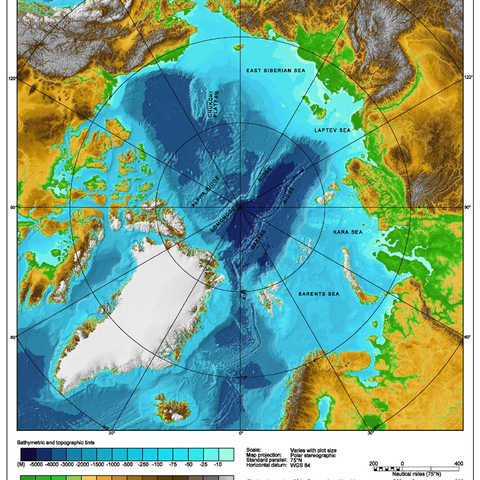 Bathymetric (underwater depth) map of the Arctic Ocean, showing the Lomonosov, Gakkel and Alpha ridges