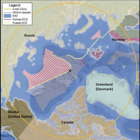 The hashed area shows Russia's current claims in the Arctic Ocean.