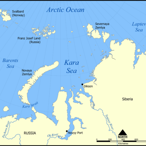 The Kara Sea, north of Russia and south of the Arctic Ocean