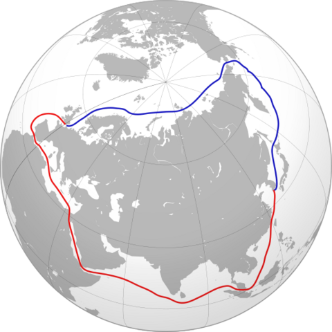 The Northern Sea Route (blue) as compared to a southern route (red), showing the tremendous savings in travel distance