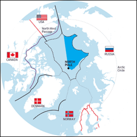 The claimable Arctic Ocean territory for each of the A-5 countries according to UNCLOS, before additional continental shelf claims.