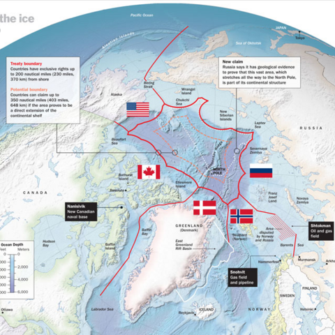 Melting sea ice means access to ocean-floor resources and improved shipping routes, causing a "race for the Arctic."