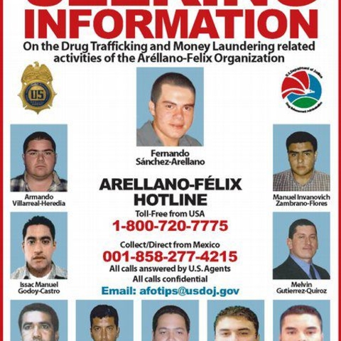 A poster seeking information regarding alleged Mexican drug traffickers